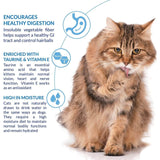 Cute fluffy cat promoting hairball control with high moisture, taurine, and vitamin E for digestion health.