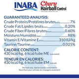 Inaba Churu Hairball Control cat treat nutritional analysis including protein, fat, fiber, moisture, vitamins, and calories.