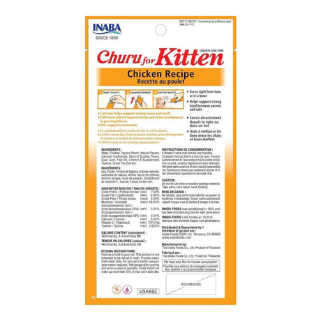Inaba Churu Kitten Treats packaging featuring chicken recipe, ingredients, and serving instructions.