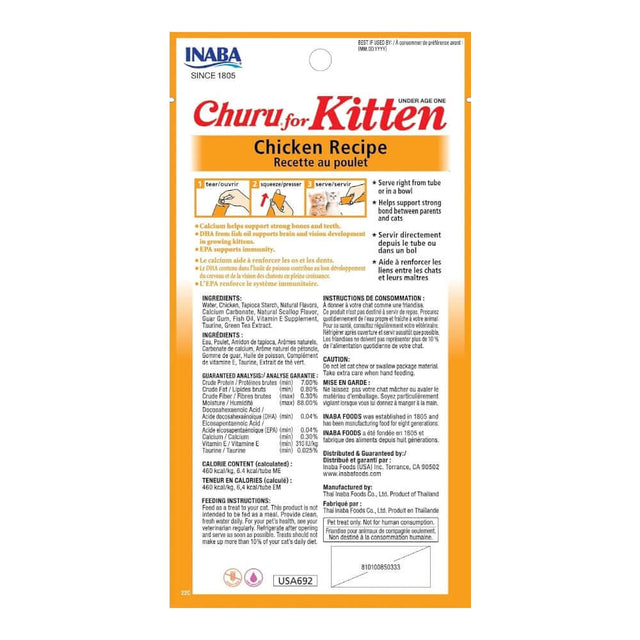Inaba Churu Kitten Treats packaging featuring chicken recipe, ingredients, and serving instructions.
