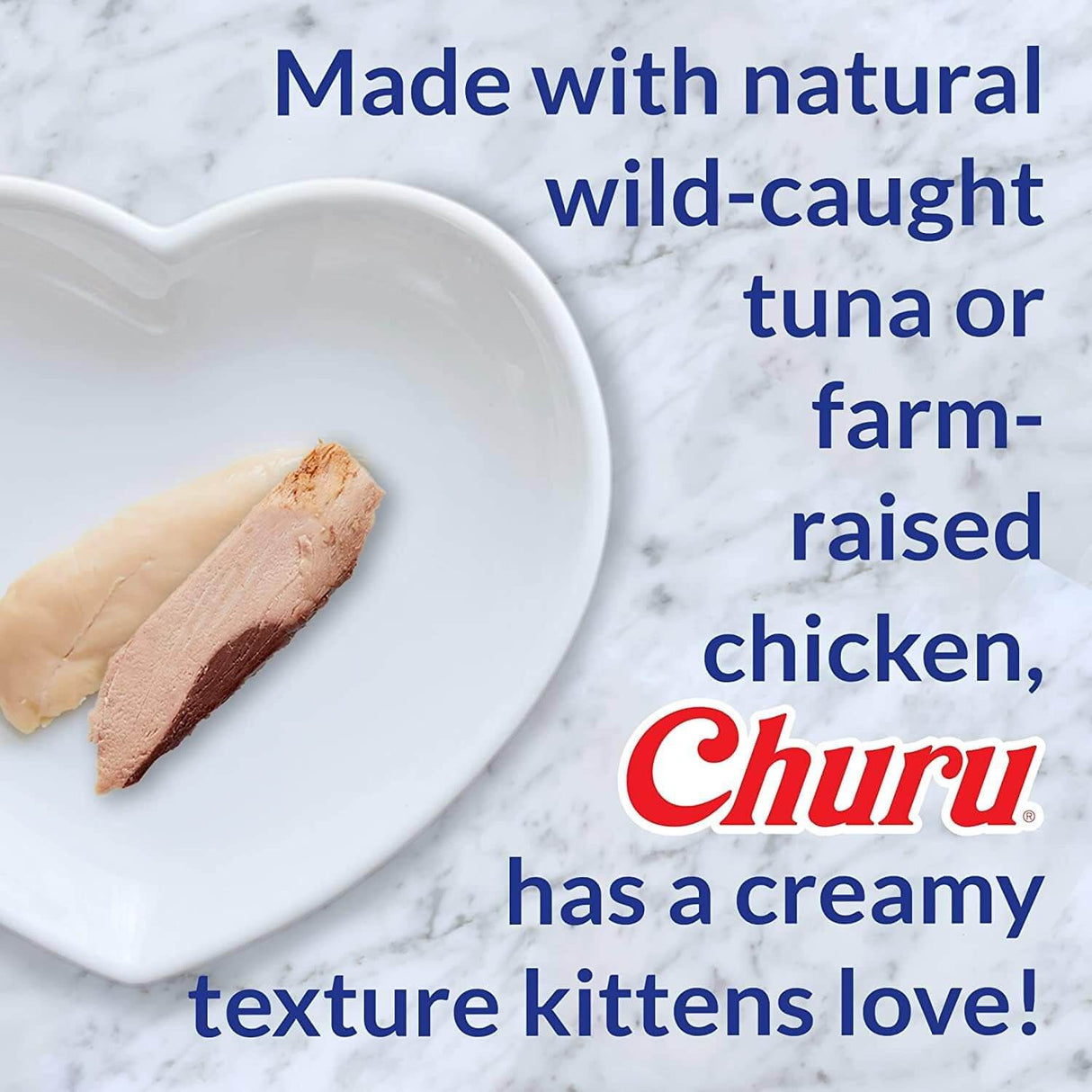 Creamy Inaba Churu kitten treats made with wild-caught tuna and farm-raised chicken served in a heart-shaped bowl.