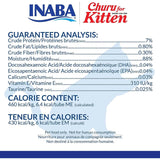 Inaba Churu Kitten Treats nutritional analysis chart with guaranteed protein, fat, fiber, vitamins, and calorie content.