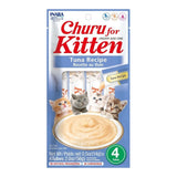 Inaba Churu Kitten Treats Tuna Recipe pack with 4 tubes, designed for kittens under one year old, featuring cute kittens.