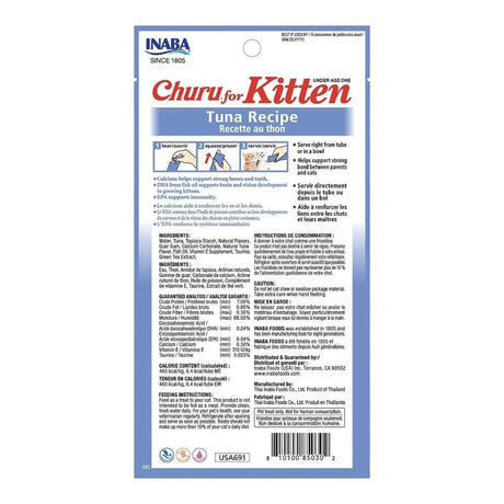 Inaba Churu Kitten Treats Tuna Recipe packaging, featuring ingredients, feeding instructions, and nutritional information.
