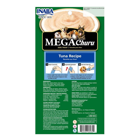 Inaba Churu Mega Dog Treat Tuna Recipe packaging, featuring feeding instructions and ingredients for dog treats.