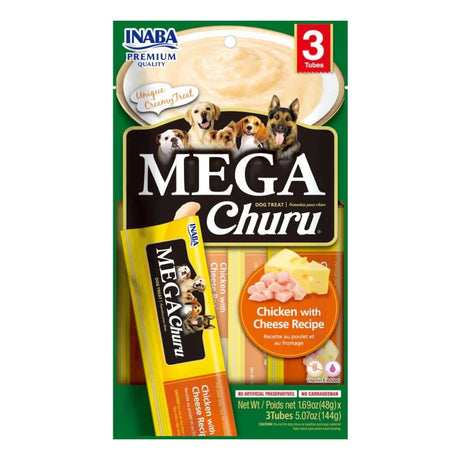 Inaba Churu Mega Dog Treats pack featuring creamy chicken and cheese flavor for dogs, three tubes, grain-free and preservative-free.
