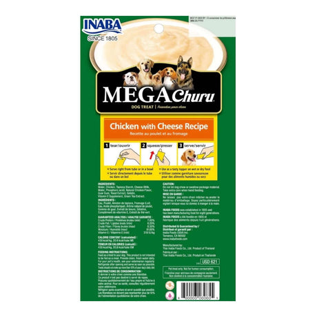 Inaba Churu Mega Dog Treat Chicken with Cheese Recipe packaging, featuring instructions for serving and images of dogs.