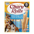 Inaba Churu Rolls Dog Treat package featuring creamy chicken filling and multiple dogs enjoying the treat.