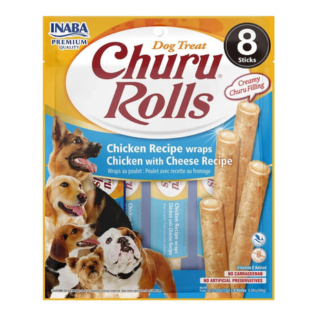 Inaba Churu Rolls Dog Treat package featuring creamy chicken filling and multiple dogs enjoying the treat.
