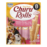 Inaba Churu Rolls Dog Treat packaging featuring chicken and salmon recipes, 8 sticks for dogs.