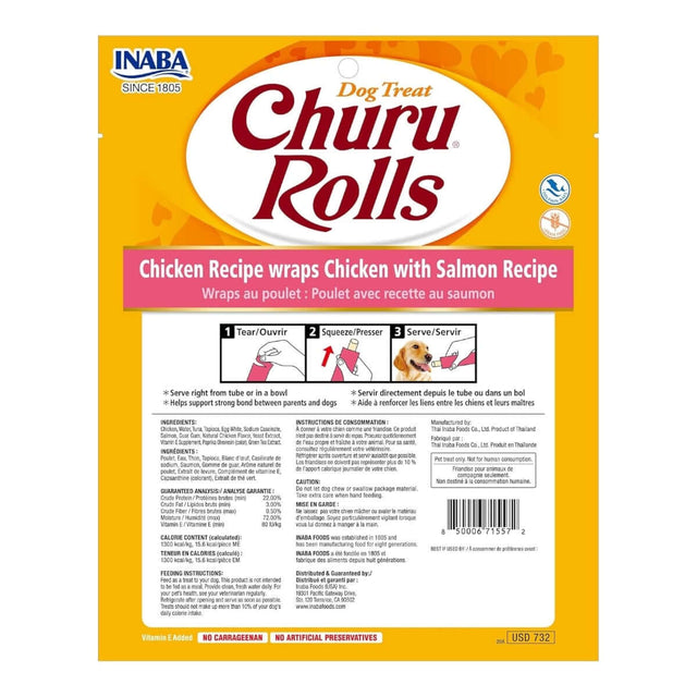 Inaba Churu Rolls Dog Treat packaging featuring Chicken and Salmon recipes with preparation instructions.