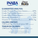 Nutritional information for Inaba Churu Rolls dog treats, including protein, fat, fiber, and calorie content.