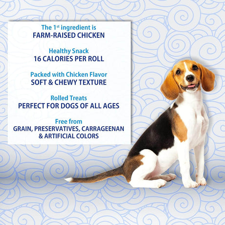 Inaba Churu Rolls Dog Treats with farm-raised chicken, soft chewy texture, healthy snack for all dogs.