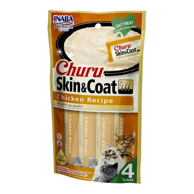 Inaba Churu Skin & Coat Cat Treat pack featuring 4 chicken recipe tubes for healthy cat hydration and skin support.