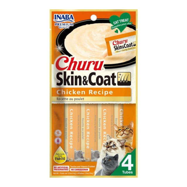 Inaba Churu Skin & Coat cat treat, chicken recipe, 4 tubes, with Omega-3 fatty acids for healthy skin and coat.