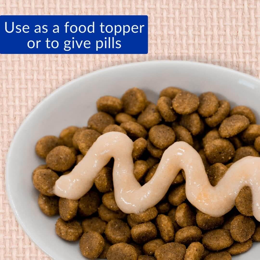 Bowl of cat food with creamy Inaba Churu treat as a topper, ideal for giving pills or enhancing meals.