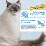 Cat promoting healthy skin and coat, enriched with Omega fatty acids, Taurine, and Vitamin E.