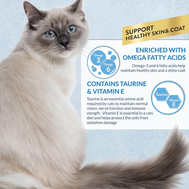 Cat promoting healthy skin and coat, enriched with Omega fatty acids, Taurine, and Vitamin E.