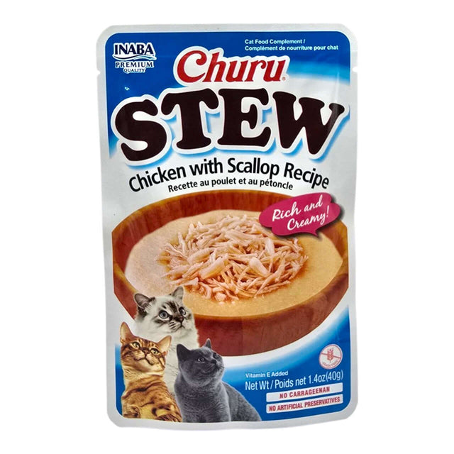 Inaba Churu Stew Chicken with Scallop Recipe, a creamy cat food supplement in a convenient 40g pouch.