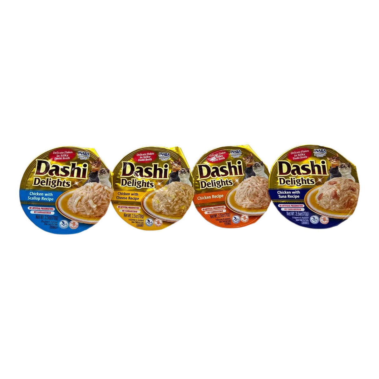 Inaba Dashi Delights cat food varieties in bowls, featuring chicken and tuna recipes, highlighting tasty ingredients.