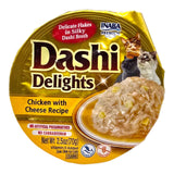 Inaba Dashi Delights can for cats, Chicken with Cheese Recipe, 70g, featuring delicate flakes in silky broth.