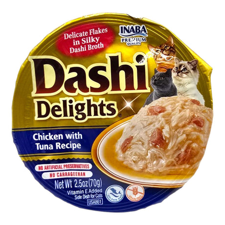 Inaba Dashi Delights 70g Chicken with Tuna Recipe in broth with delicate flakes, healthy cat food made with premium ingredients.