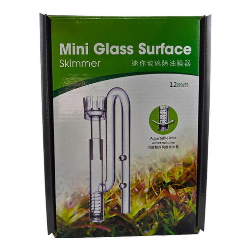 Ista Mini Glass Surface Skimmer 12mm in packaging, showcasing adjustable inlet water volume feature for clear aquarium surfaces.