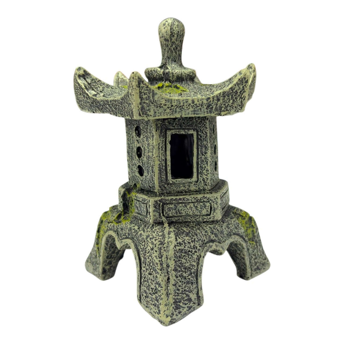 Japanese Garden Lantern Ornament with upswept roof and textured stone effect for outdoor decor.