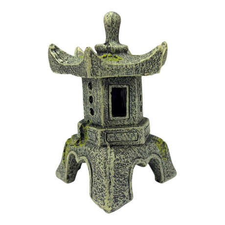 Japanese Garden Lantern Ornament with upswept roof and textured stone effect for outdoor decor.