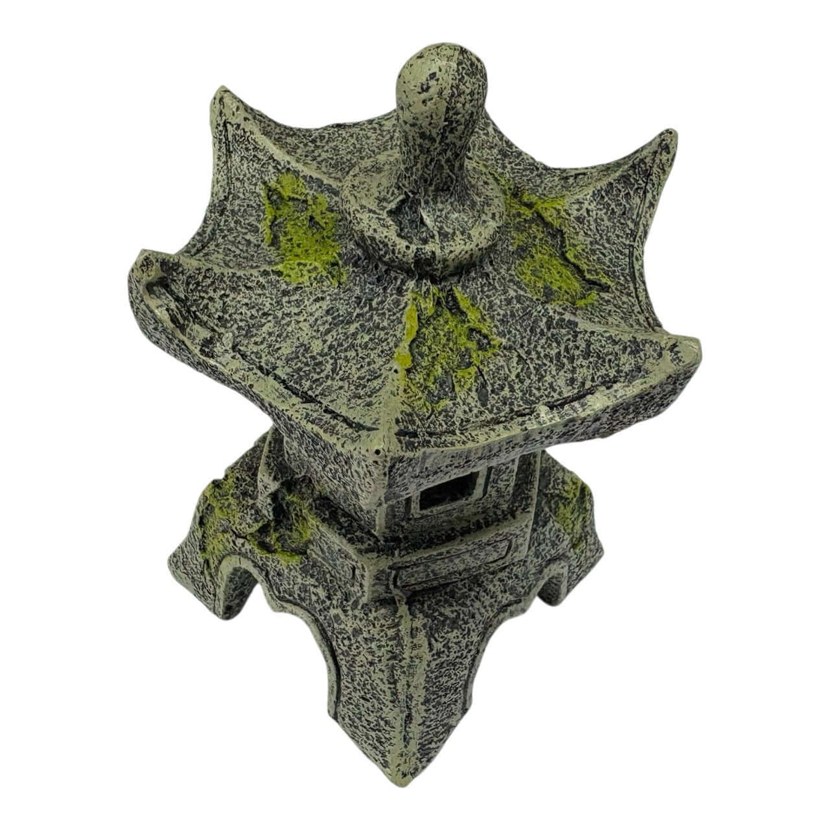 Japanese Garden Lantern Ornament with textured stone effect and green weathering, perfect for outdoor decor.