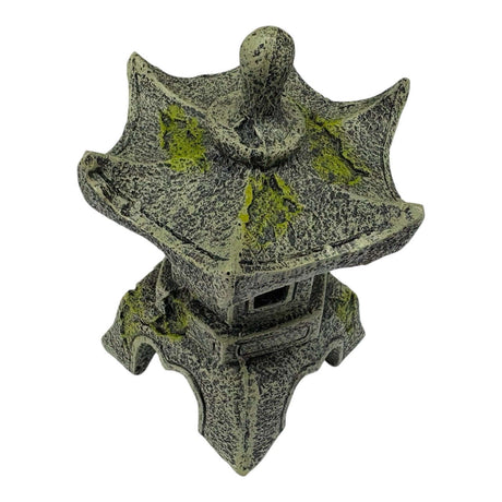 Japanese Garden Lantern Ornament with textured stone effect and green weathering, perfect for outdoor decor.