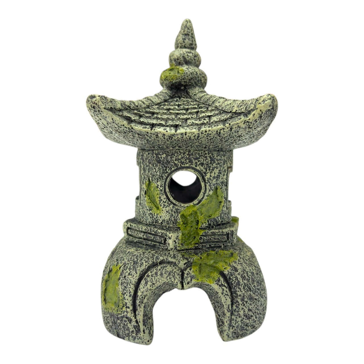 Japanese Pagoda Ornament for aquariums featuring a traditional design with green accents and weathered stone look.