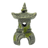 Japanese Pagoda Ornament for aquariums featuring a traditional design with green accents and weathered stone look.