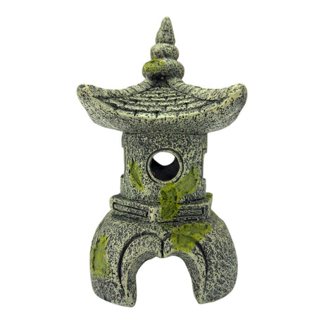 Japanese Pagoda Ornament for aquariums featuring a traditional design with green accents and weathered stone look.