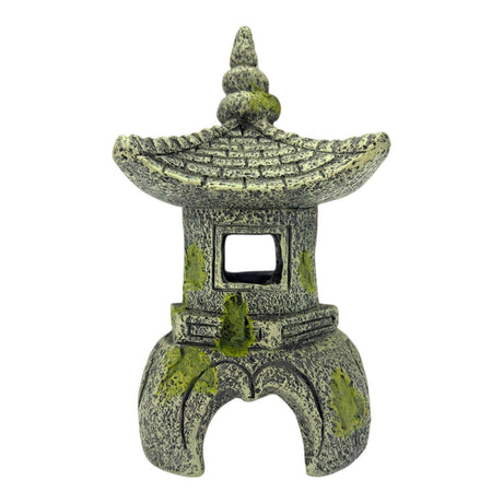 Japanese Pagoda Ornament for tranquil garden-inspired aquariums with weathered stone look and green accents.