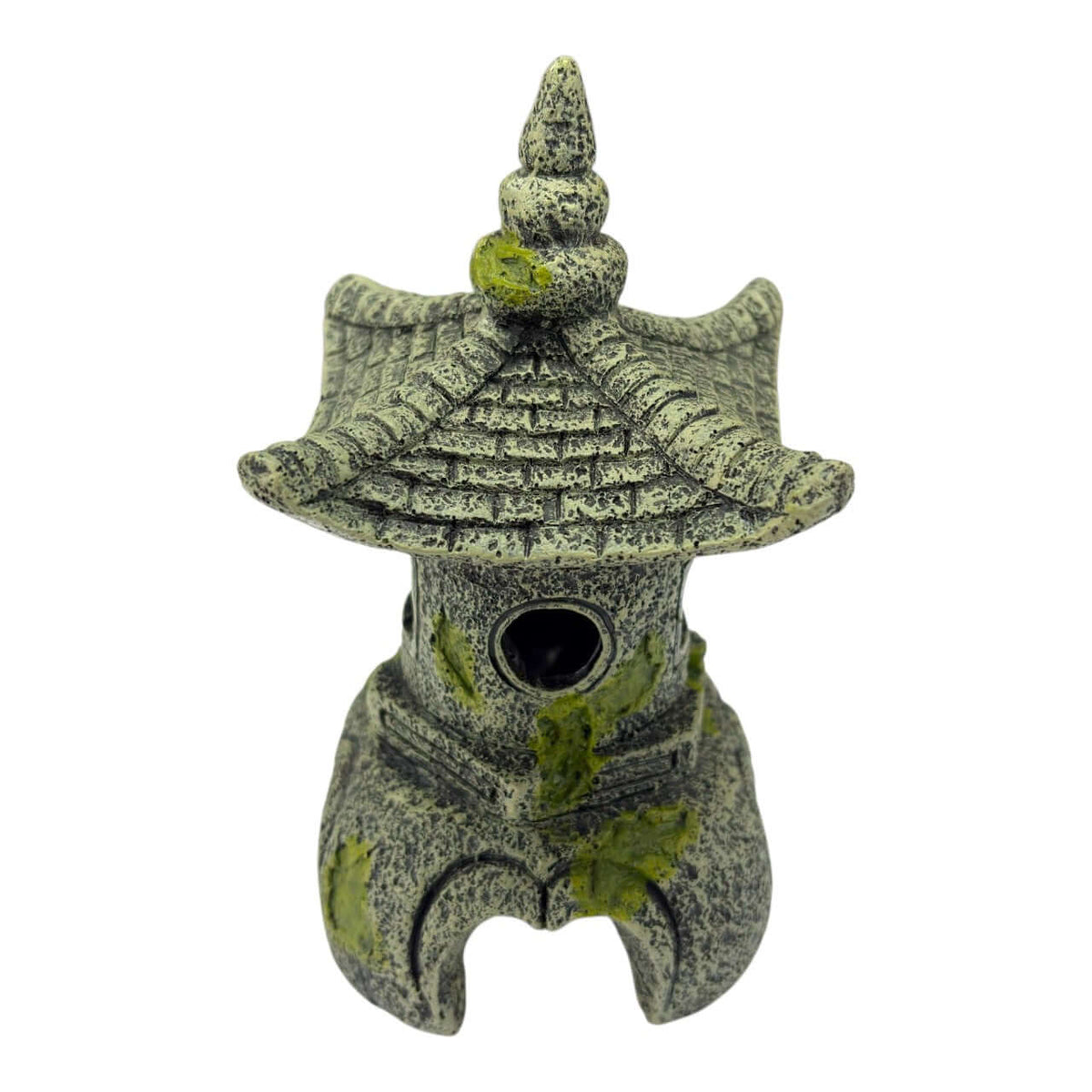 Japanese Pagoda Ornament with traditional curved roof and weathered stone look for aquariums.