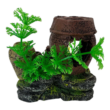 Decorative jars with vibrant plants on rock formation for aquarium ornament.
