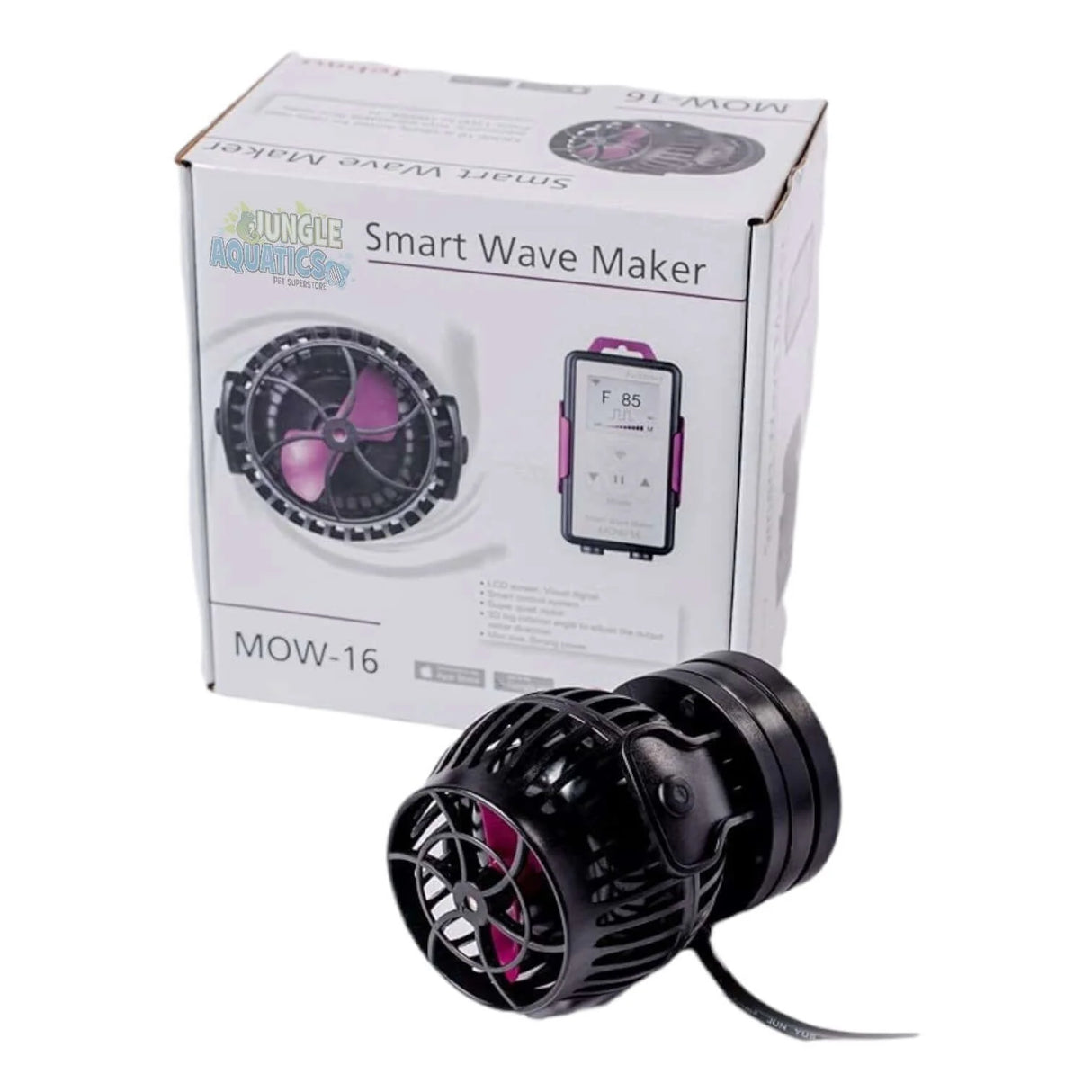Jebao MOW Series Wifi LCD Wave Makers displayed with packaging next to the Smart Wave Maker MOW-16.