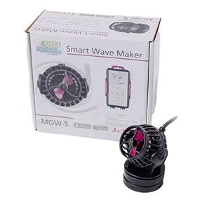 Jebao MOW Series Wifi LCD Wave Makers displayed with packaging next to a compact wave pump on a table.