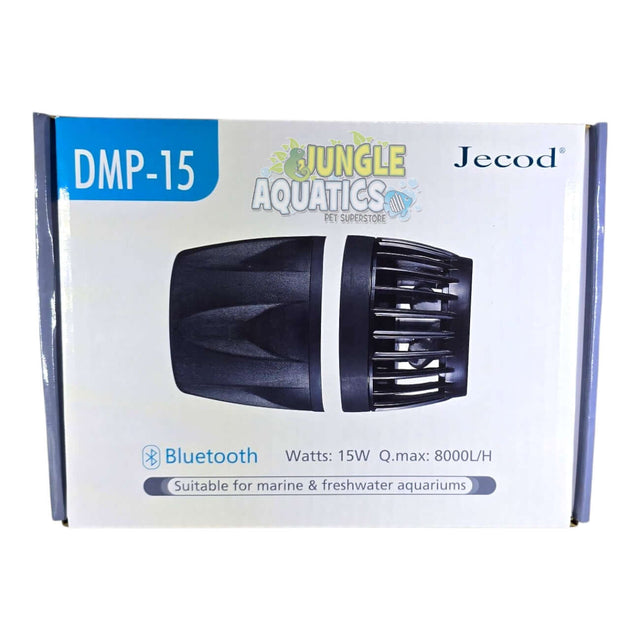 Jecod DMP-15 wavemaker box showcasing Bluetooth control, 15W power, suitable for marine and freshwater aquariums.