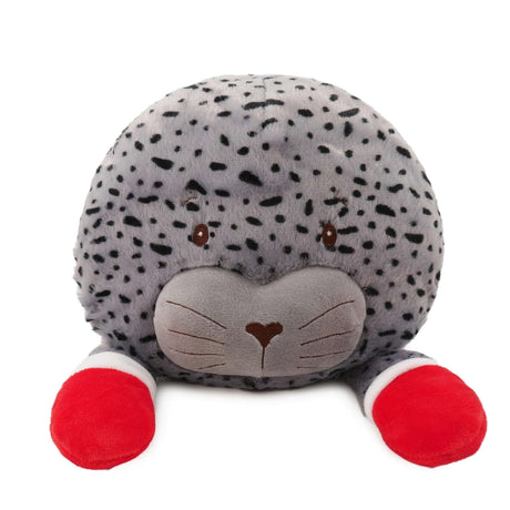 Jolly Jumbo Seal plush toy with soft gray fur and festive red paws, perfect for dogs to cuddle and play.
