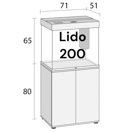 Juwel Lido 200 Aquarium with cabinet dimensions, perfect for fresh and saltwater setups, combining style and function.