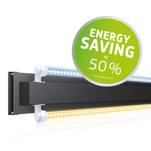 Juwel Multilux LED Light with energy-saving feature, providing up to 50% savings compared to T5 lighting for aquariums.