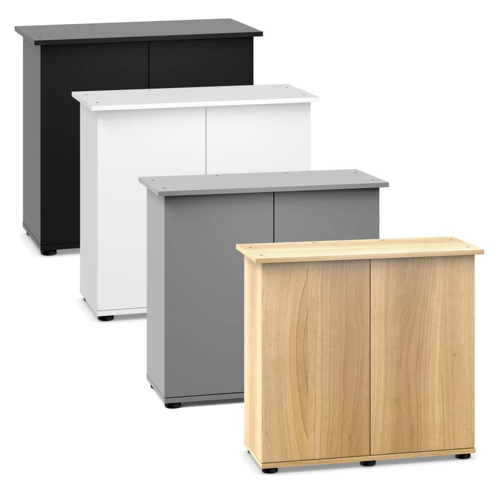 Juwel Rio Series cabinets in black, white, grey, and wood finishes, designed for Juwel Rio Aquarium.