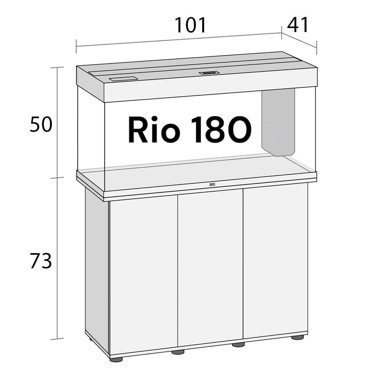 Juwel Rio 180 aquarium dimensions and design illustration with cabinet measurements.