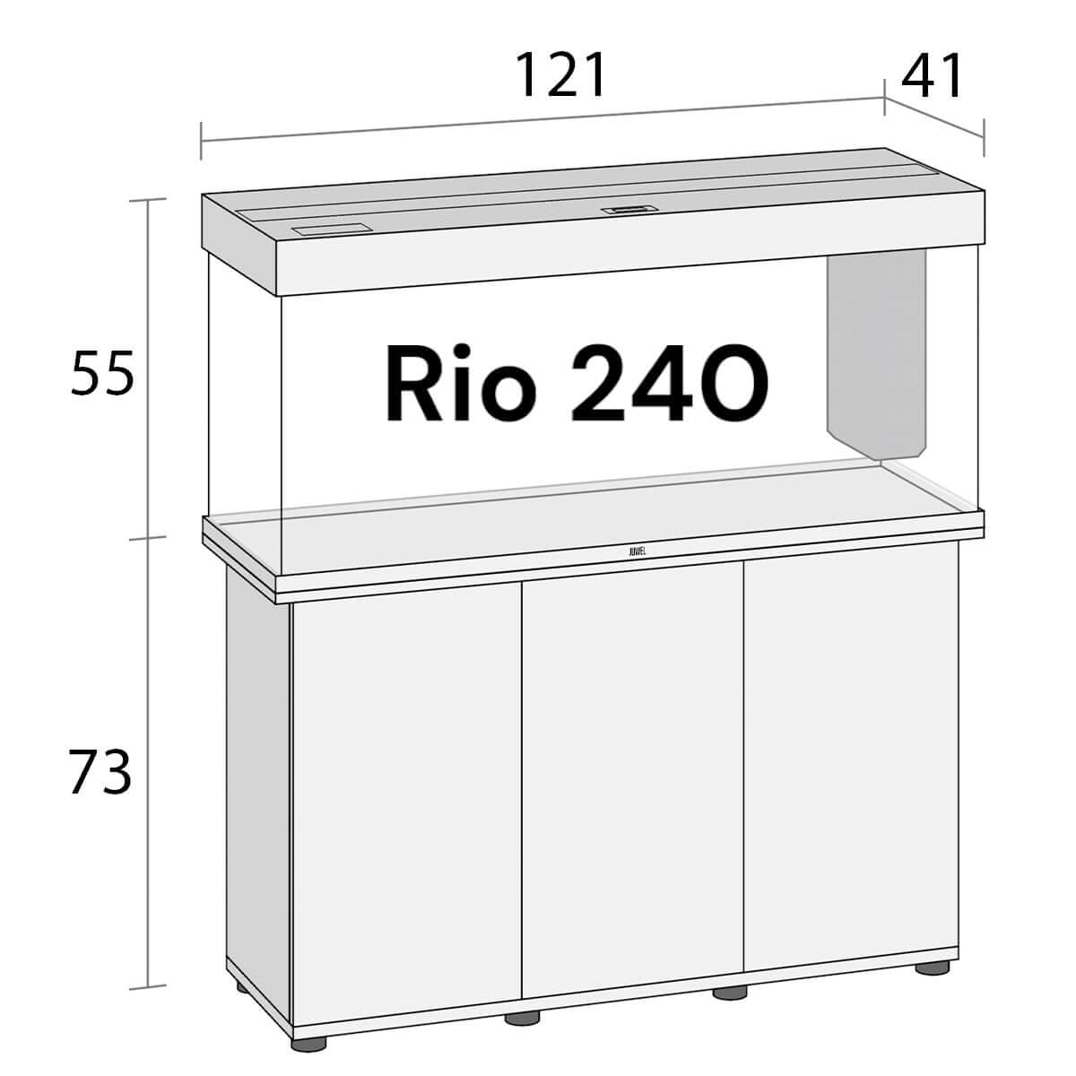 Juwel Rio 240 Aquarium dimensions diagram showcasing cabinet and aquarium design features.