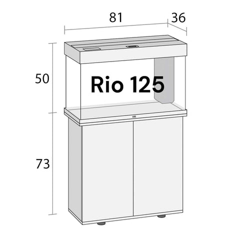 Juwel Rio 125 Aquarium and Cabinet dimensions diagram, showcasing elegant design and specifications.