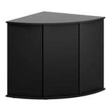 Juwel Trigon Series black corner cabinet for aquariums with three doors and sleek design.