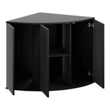 Juwel Trigon Series corner cabinet with open doors and shelves for aquarium storage.
