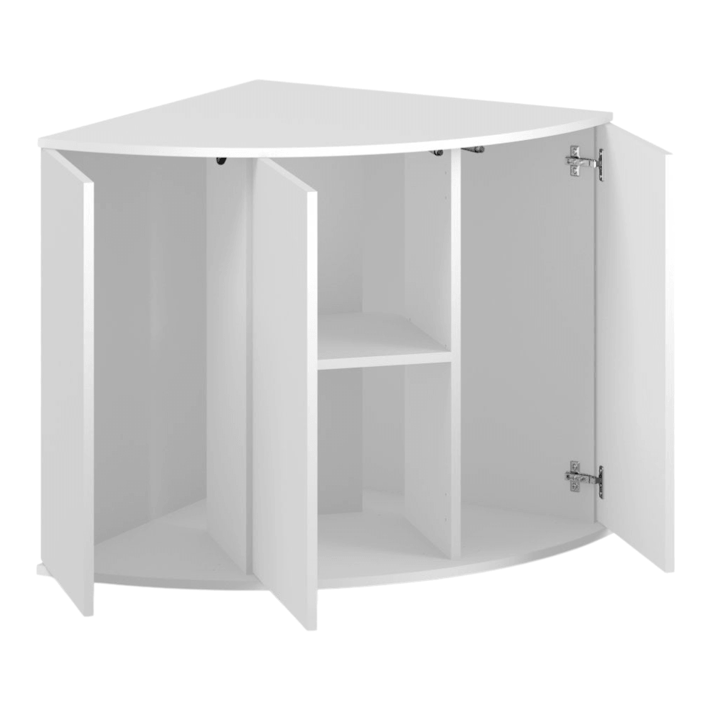 Juwel Trigon Series white corner cabinet for aquariums with shelving and multiple doors.